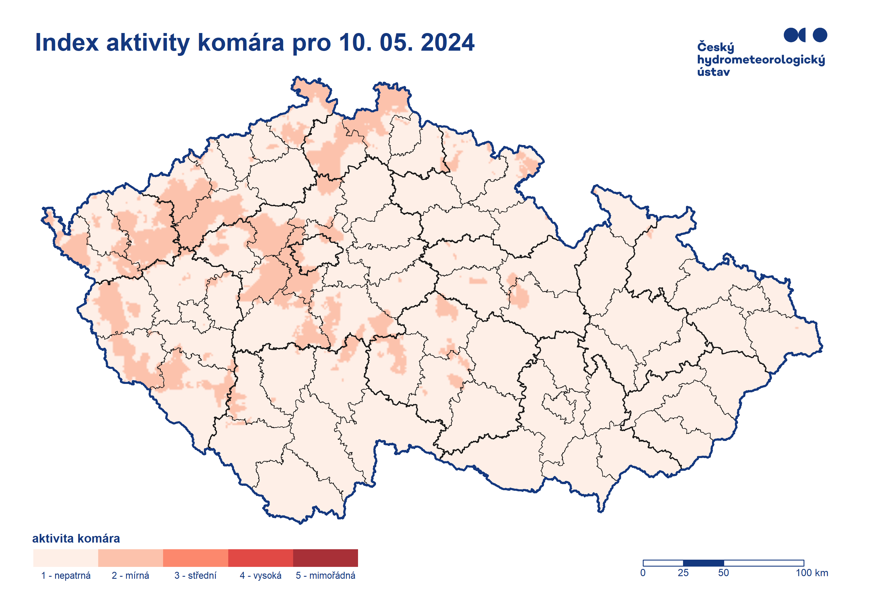 Aktivita komára v ČR - mapa.