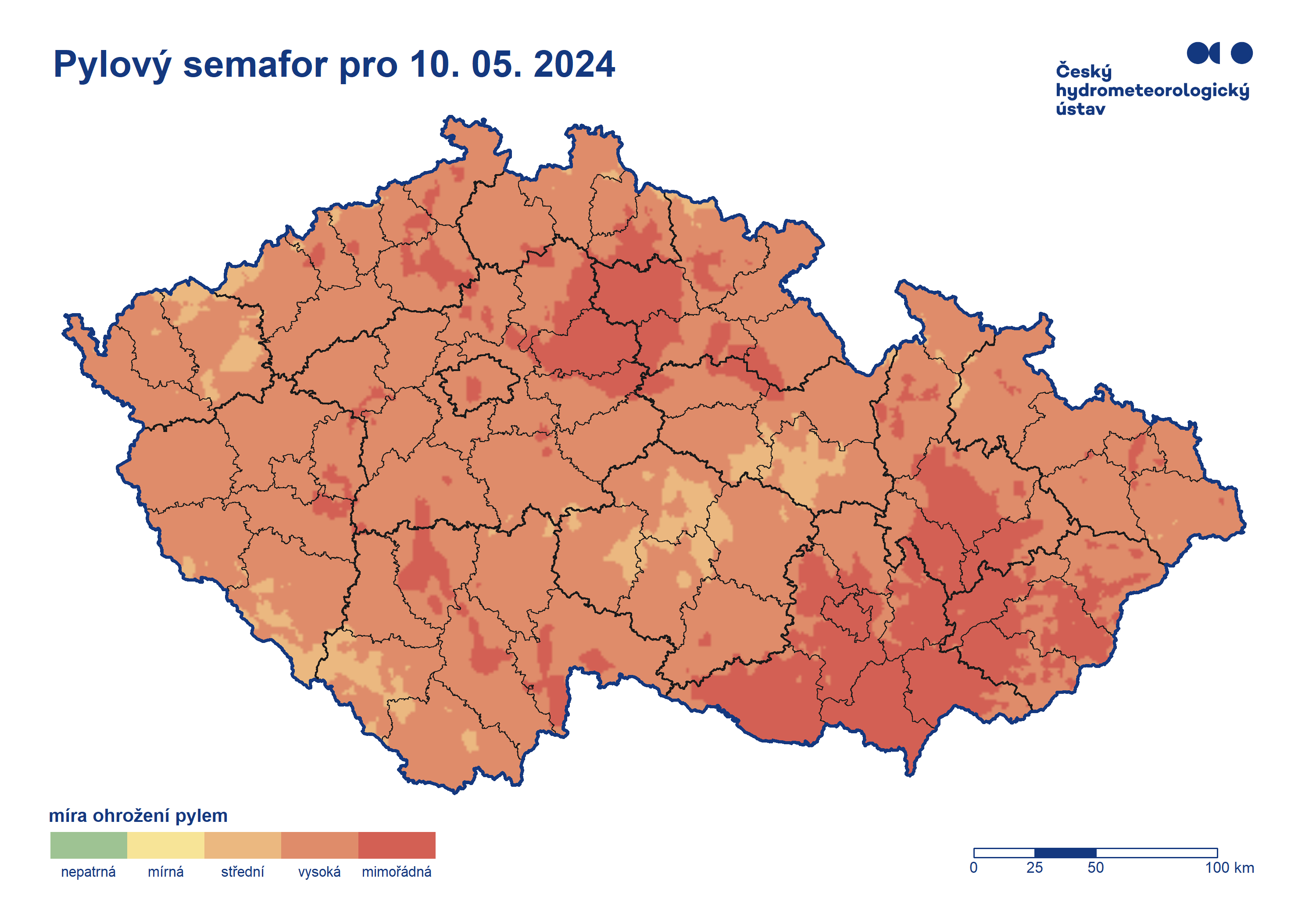 Mapa ohrožení pylem v ČR.