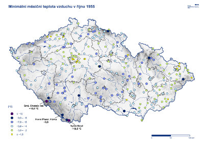 Mapa: Nejnižší teplota říjen 1955
