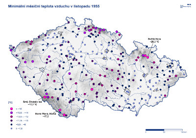 Mapa: Nejnižší teplota listopad 1955