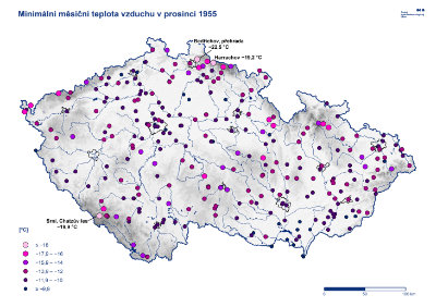 Mapa: Nejnižší teplota prosinec 1955
