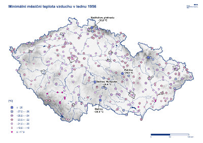 Mapa: Nejnižší teplota leden 1956