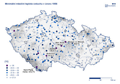 Mapa: Nejnižší teplota únor 1956