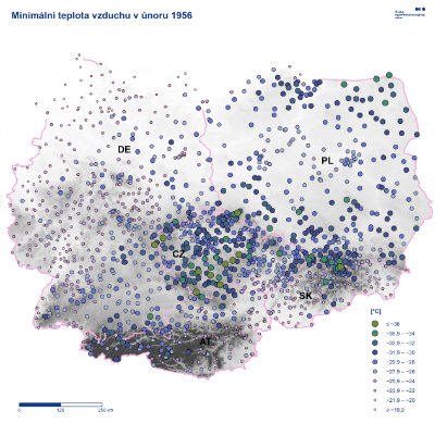 Mapa: Nejnižší teplota bodová Evropa