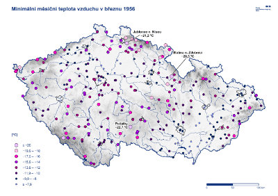 Mapa: Nejnižší teplota březen 1956