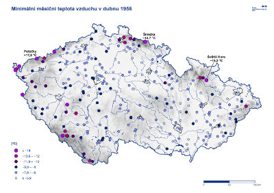 Mapa: Nejnižší teplota duben 1956