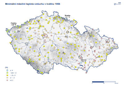 Mapa: Nejnižší teplota květen 1956