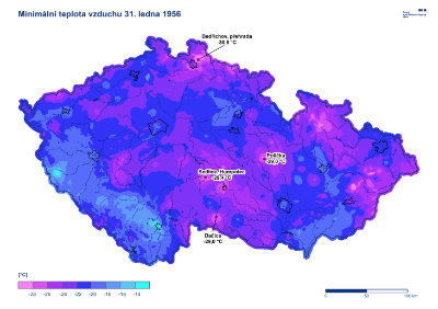 Mapa: Min teplota 31.1.1956