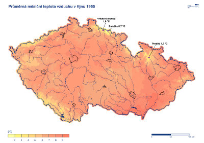 Mapa: Průměrná teplota říjen 1955