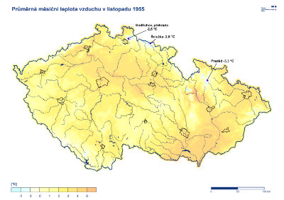 Mapa: Průměrná teplota listopad 1955