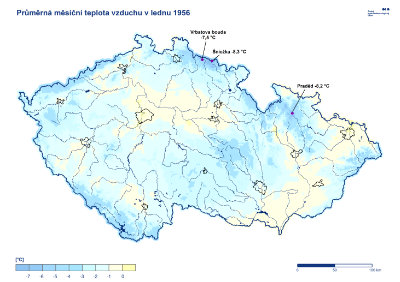 Mapa: Průměrná teplota leden 1956