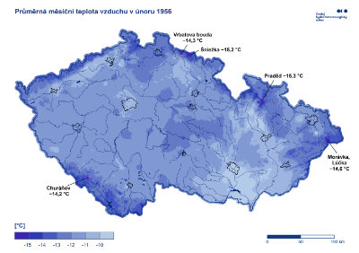 Mapa: Průměrná teplota únor 1956