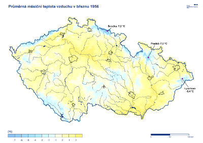 Mapa: Průměrná teplota březen 1956