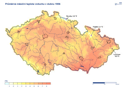 Mapa: Průměrná teplota duben 1956