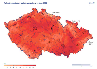 Mapa: Průměrná teplota květen 1956