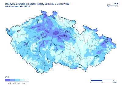 Mapa: Odchylka únor 1956
